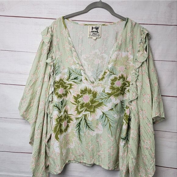 Jaase Tops - Jaase Light Green Floral V-Neck Ruffle Sleeve Top